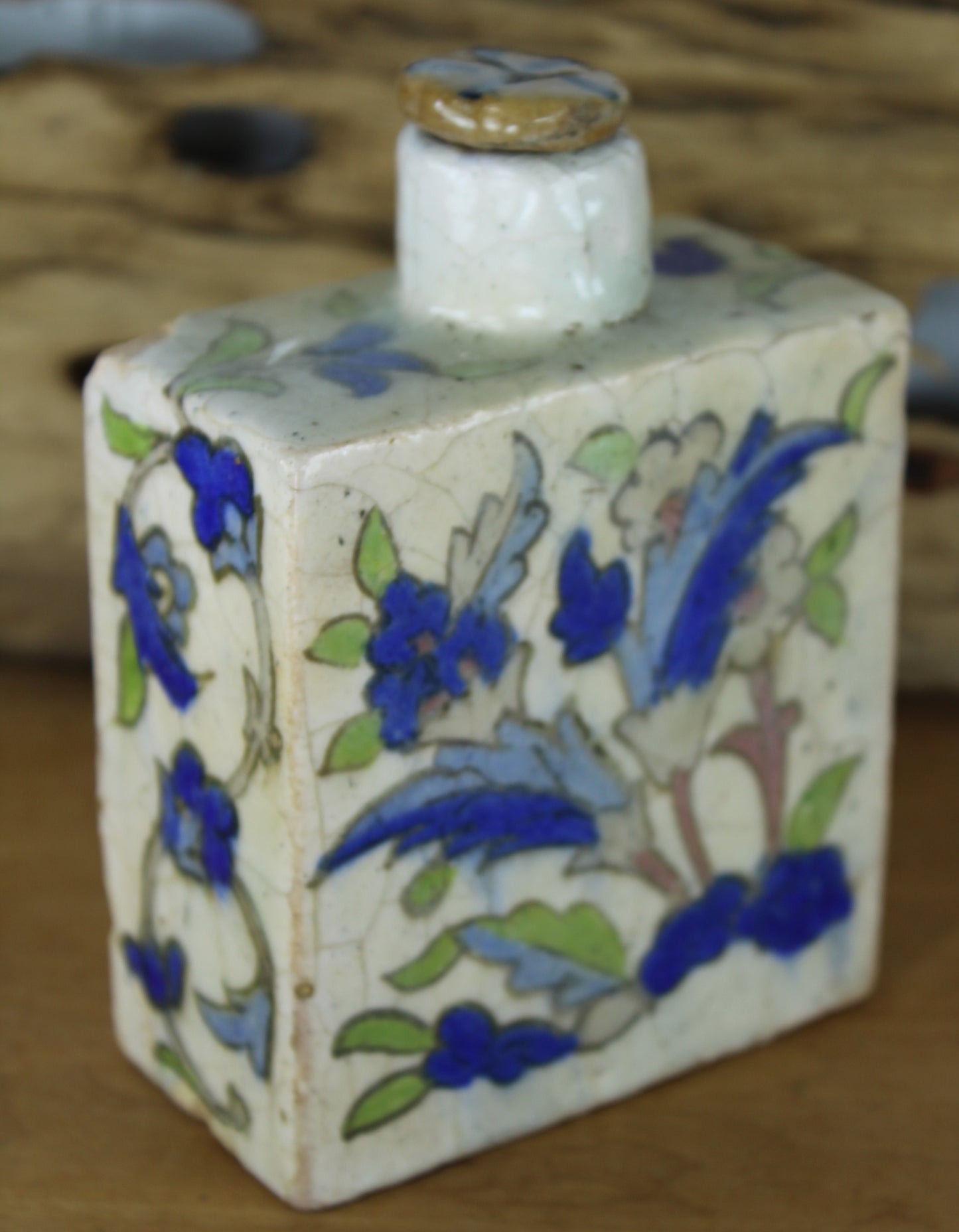 Old Iznik Turkey Bottle Flask with Stopper - Bird Flowers top