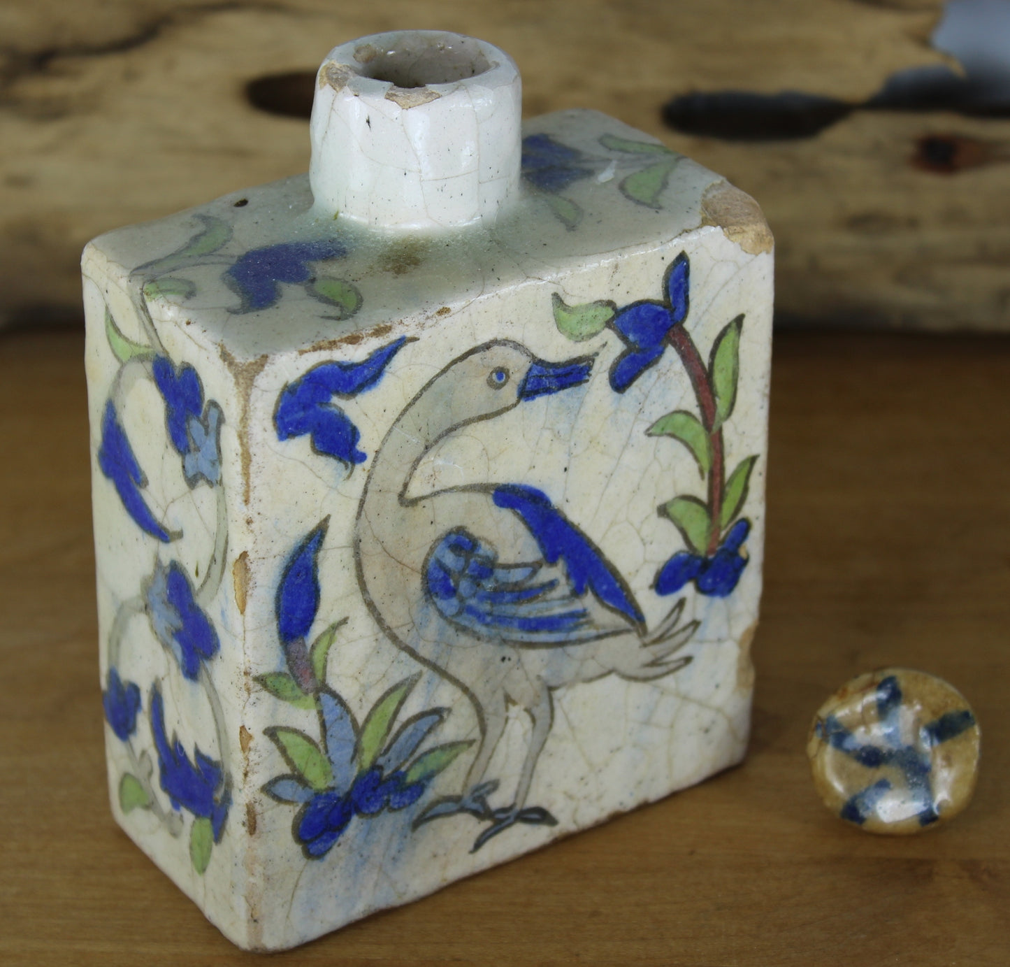 Old Iznik Turkey Bottle Flask with Stopper - Bird Flowers antique