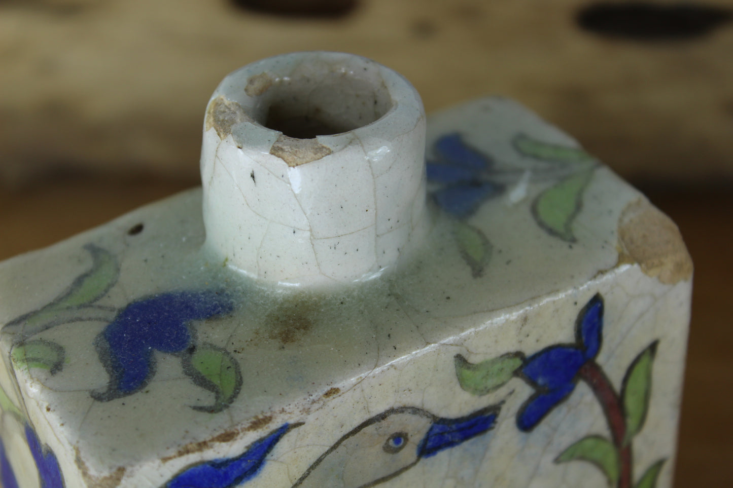 Old Iznik Turkey Bottle Flask with Stopper - Bird Flowers tea jar