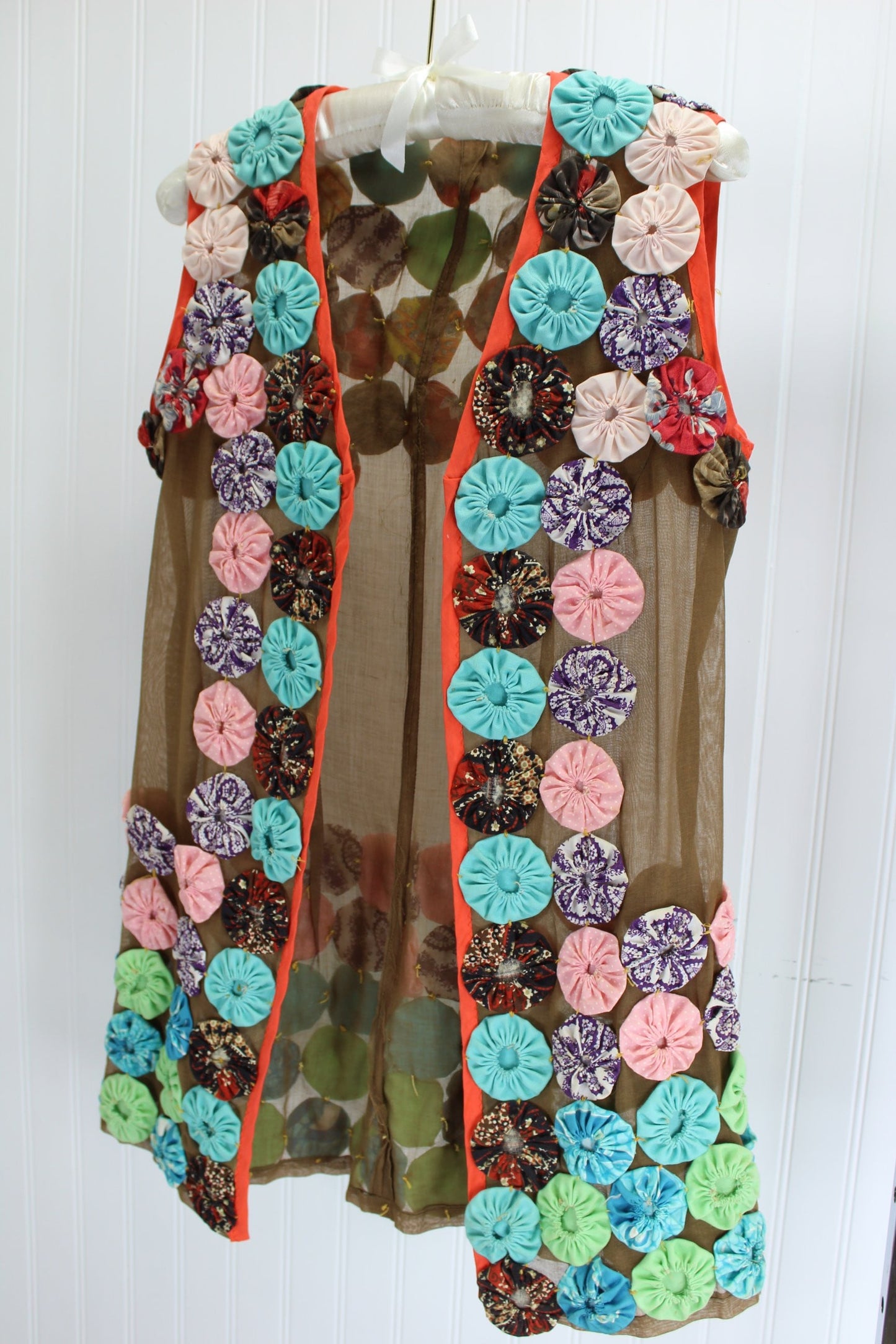 Hippie 1950s Vest Long Brown Organdy Multi Color YO YOs Gypsy Boho artisan
