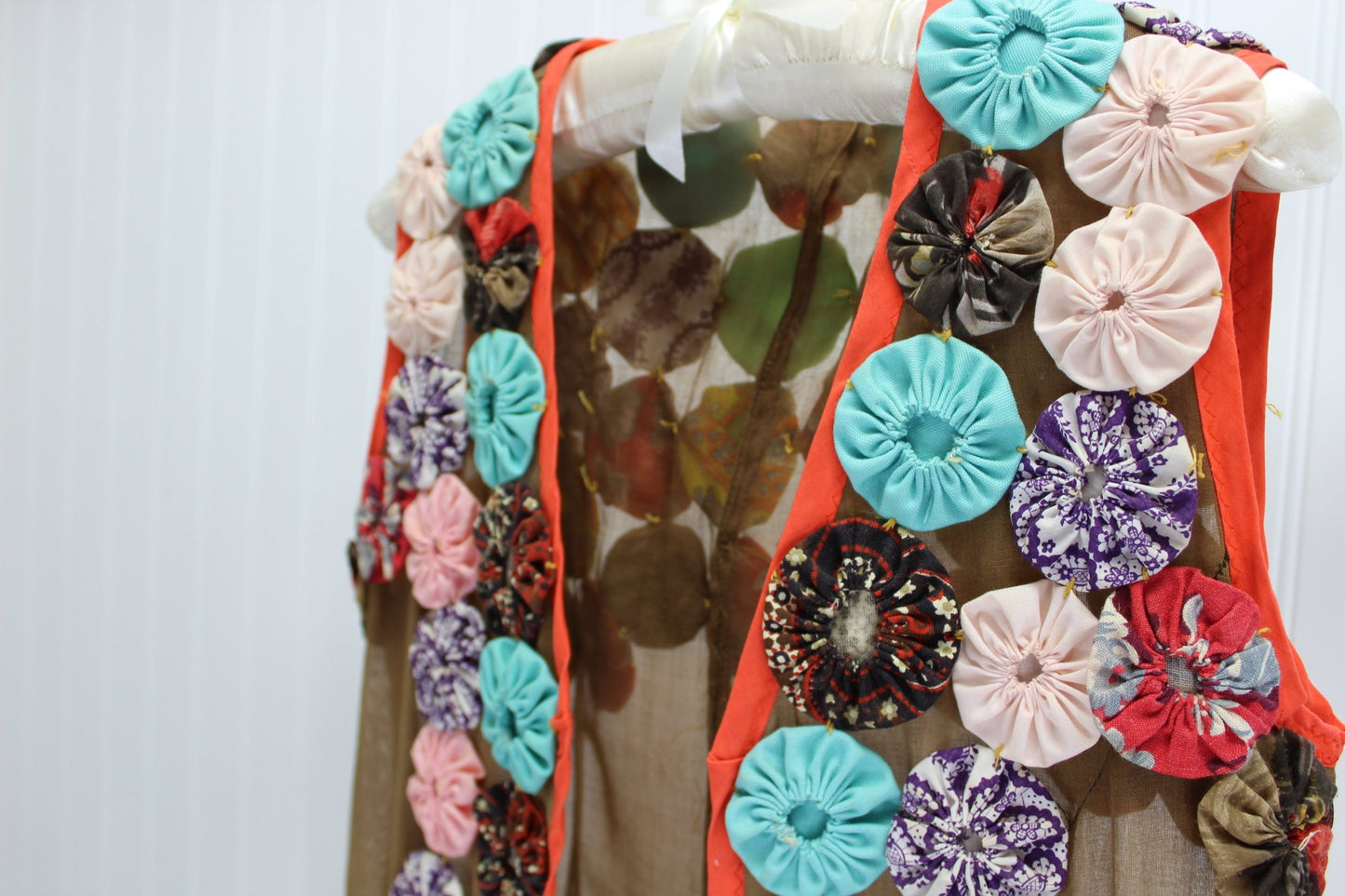 Hippie 1950s Vest Long Brown Organdy Multi Color YO YOs Gypsy Boho 160 yo yos