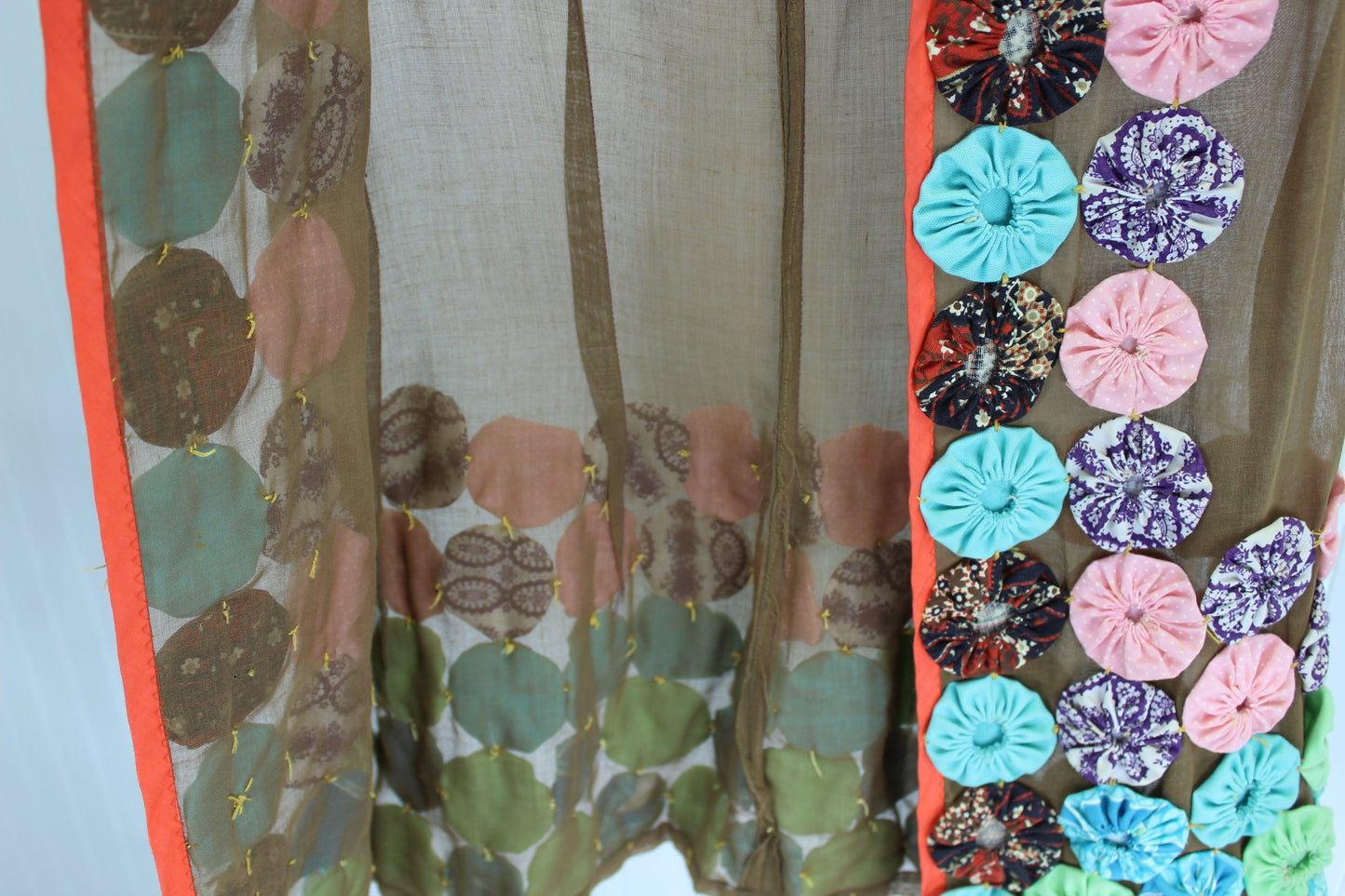 Hippie 1950s Vest Long Brown Organdy Multi Color YO YOs Gypsy Boho 50s party
