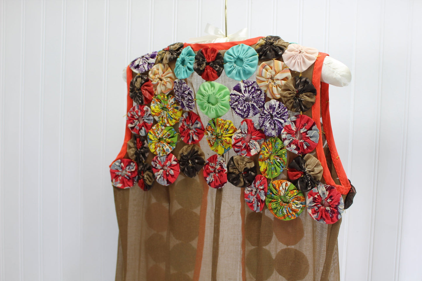 Hippie 1950s Vest Long Brown Organdy Multi Color YO YOs Gypsy Boho hand made