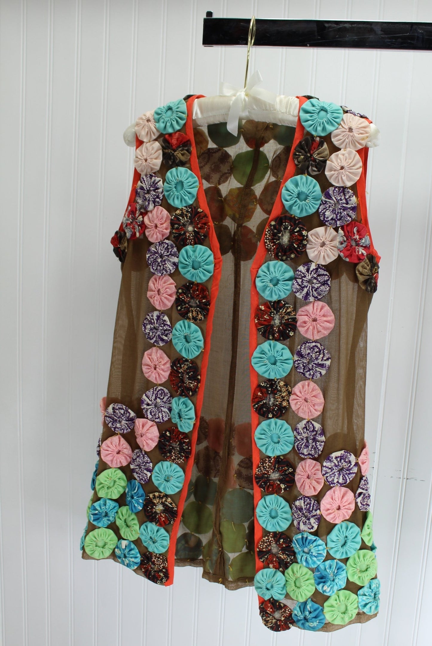 Hippie 1950s Vest Long Brown Organdy Multi Color YO YOs Gypsy Boho Vintage Used