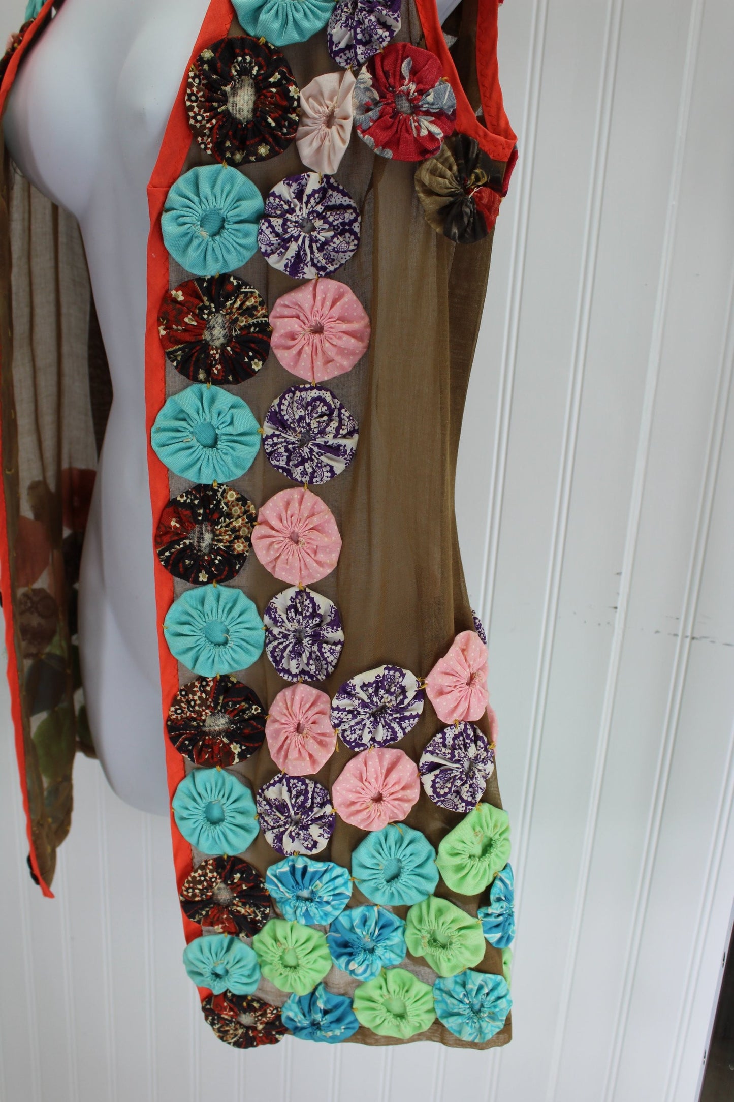 Hippie 1950s Vest Long Brown Organdy Multi Color YO YOs Gypsy Boho chocolate