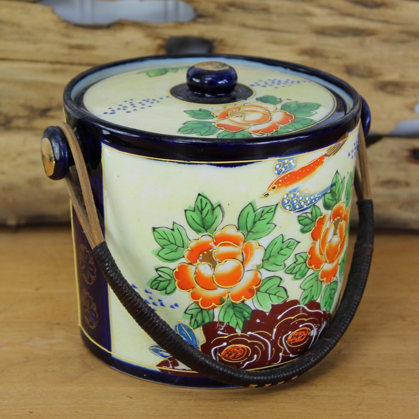 Vintage Lusterware Cooky Biscuit Jar - Made Japan - Cobalt Trim - Stippling