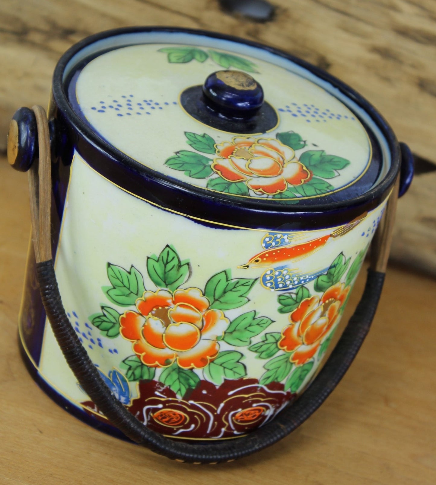 Vintage Lusterware Cooky Biscuit Jar - Made Japan - Cobalt Trim - Stippling stippling detail