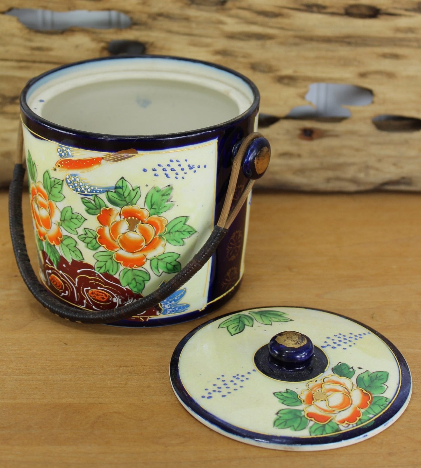 Vintage Lusterware Cooky Biscuit Jar - Made Japan - Cobalt Trim - Stippling lotus flowers