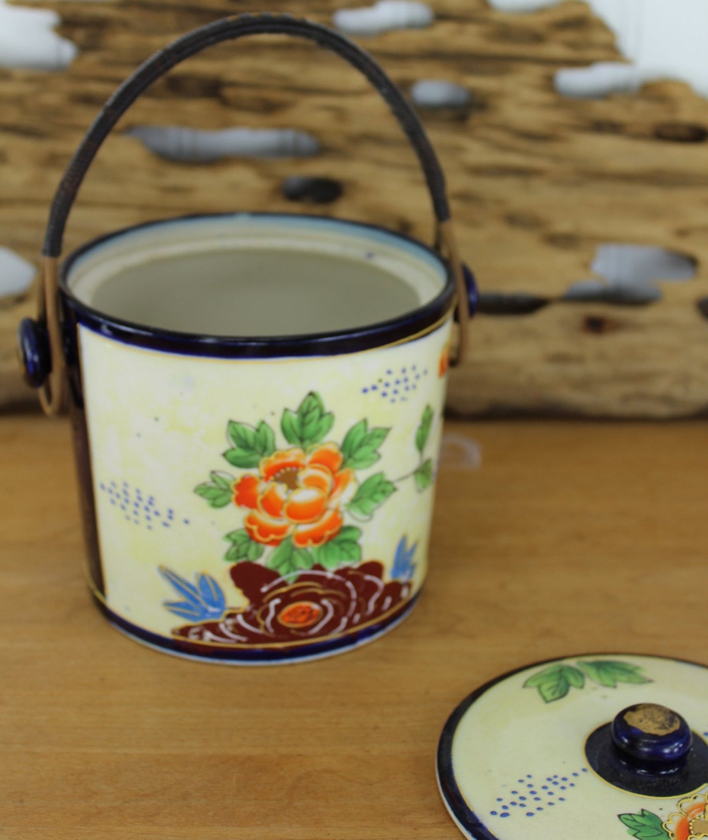 Vintage Lusterware Cooky Biscuit Jar - Made Japan - Cobalt Trim - Stippling mid century