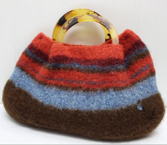 Felted Wool Purse Faux Tortoise Large Round Handles Unique Handmade