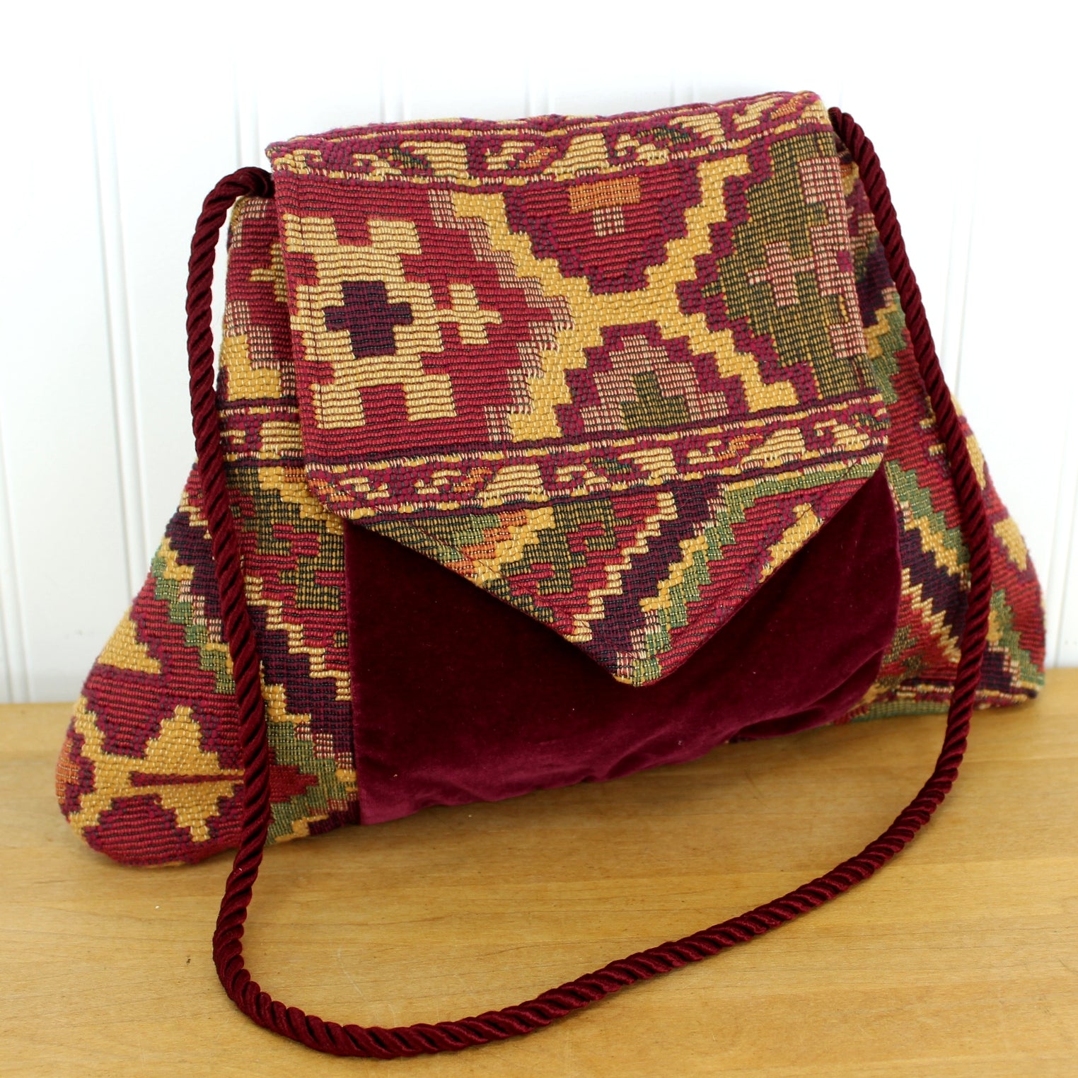 Unique Hand Made Purse Tapestry Burgundy Velvet Shoulder Length Cord Strap