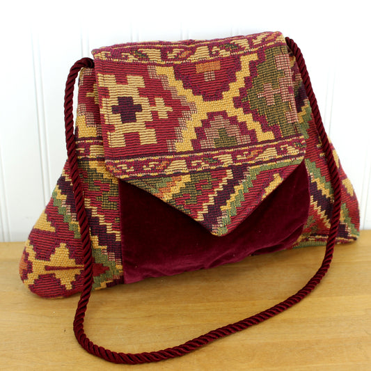 Unique Hand Made Purse Tapestry Burgundy Velvet Shoulder Length Cord Strap