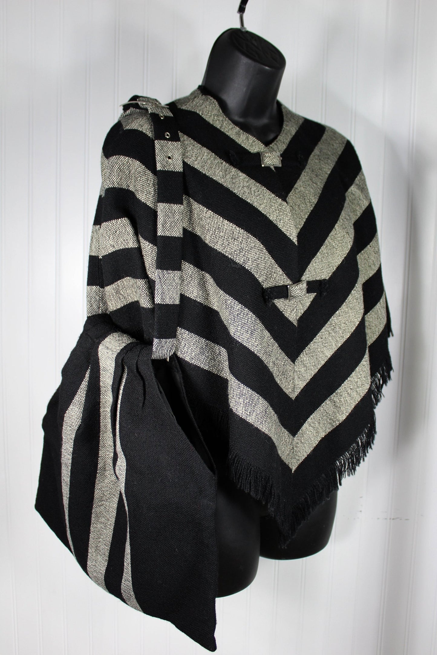 Hand Loom Wool Cape Matching Bag RIO GRANDE Santa Fe Loom & Leather Salt Pepper Stripe Vintage