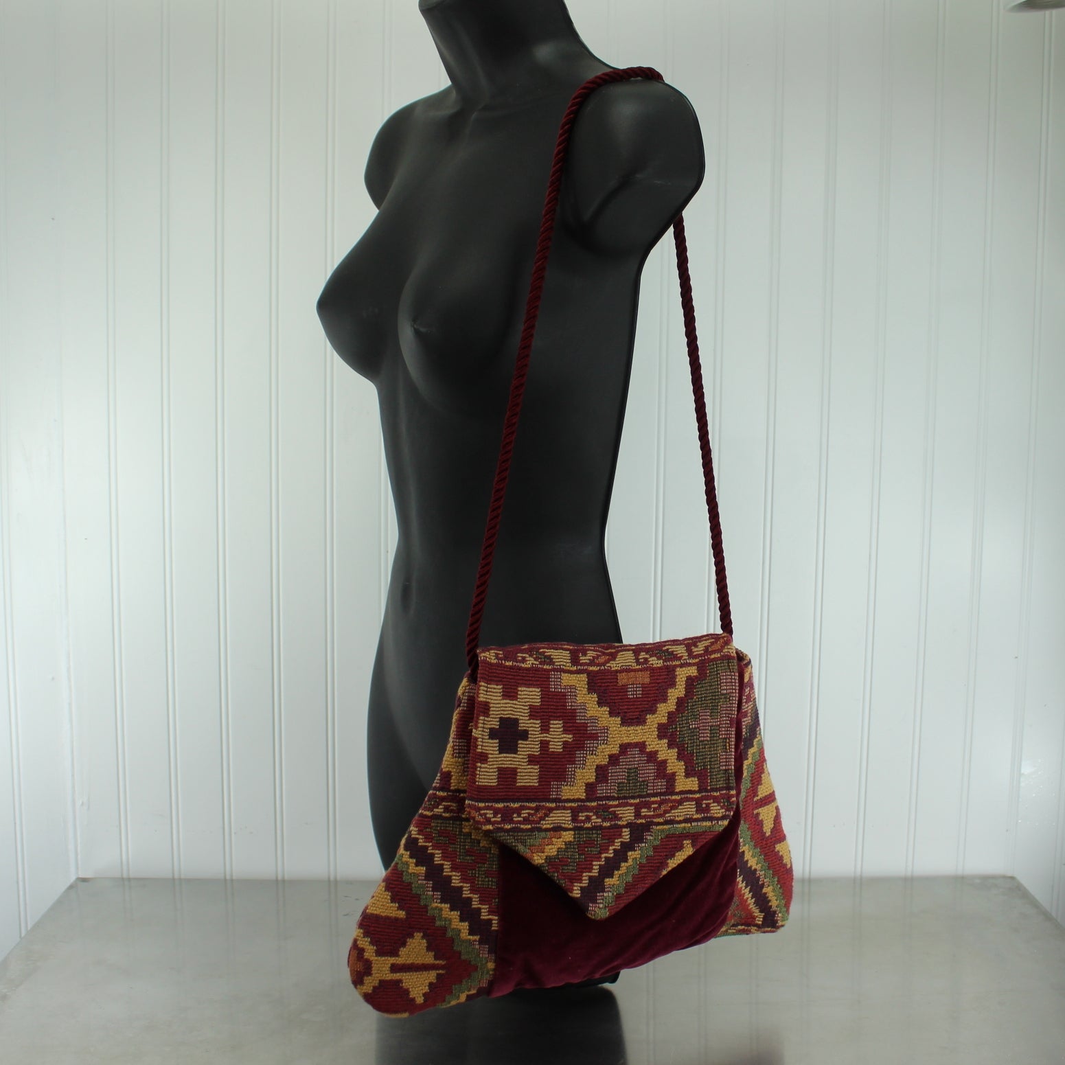 Unique Hand Made Purse Tapestry Burgundy Velvet Shoulder Length Cord Strap stchel style foldover top