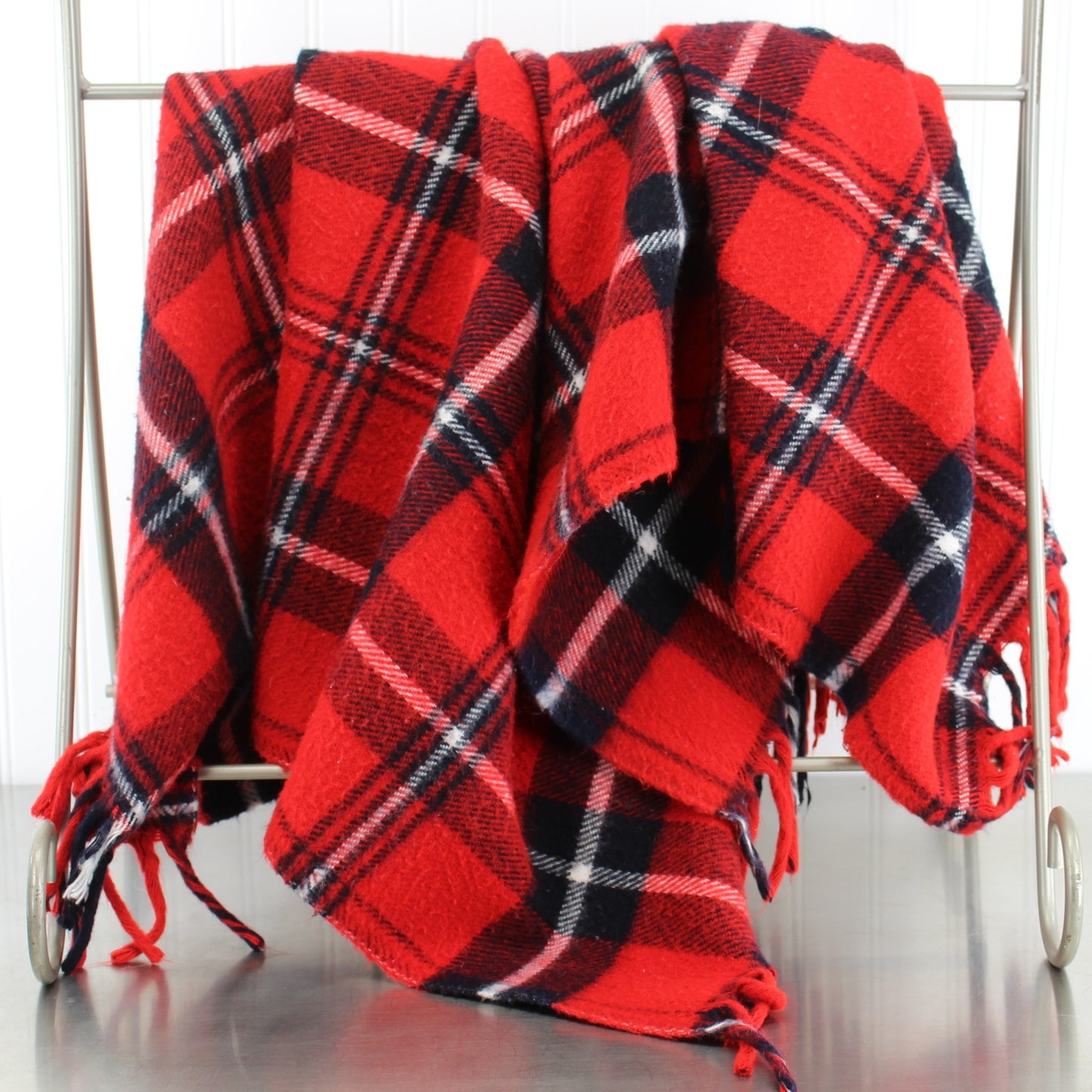 Faribo Classic Red Black Plaid Acrylic Throw Fringed Sides 53" X 38" USA Vintage