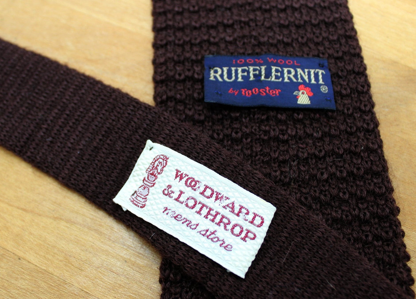 Rooster Rufflernit Necktie - Vintage 1970s Woodward Lothrop - Dark Brown Square Ends wide 1970s