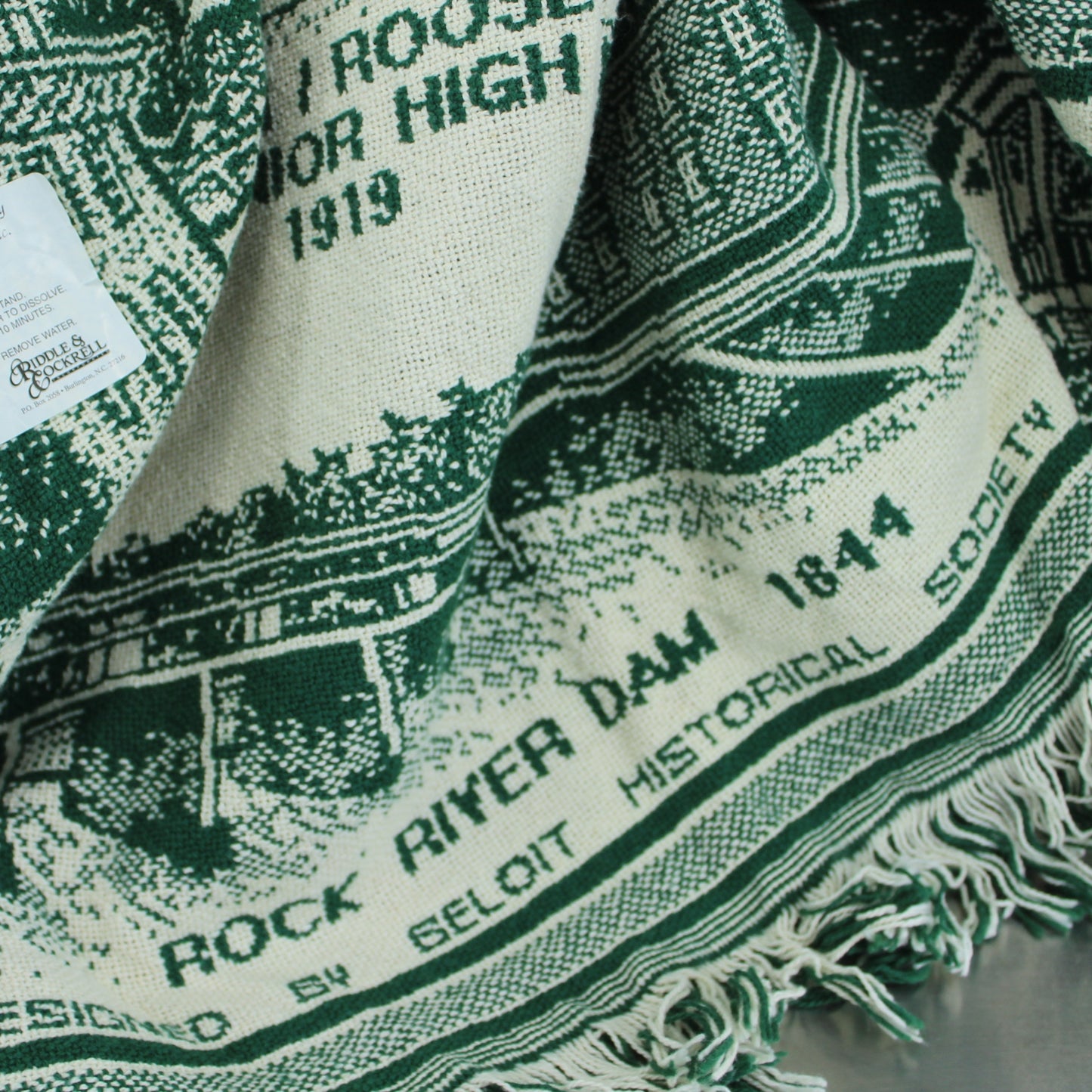 Beloit Wisconsin Woven Cotton Throw Blanket New Condition Historical Society Design Riddle Cockrell rock river dam 1844