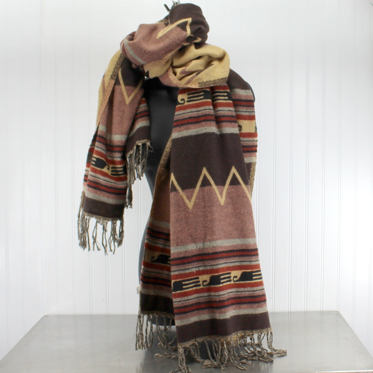 Southwest Pattern Shawl Scarf Desert Sunset Shades Mauve Grey Sienna Soft Acrylic