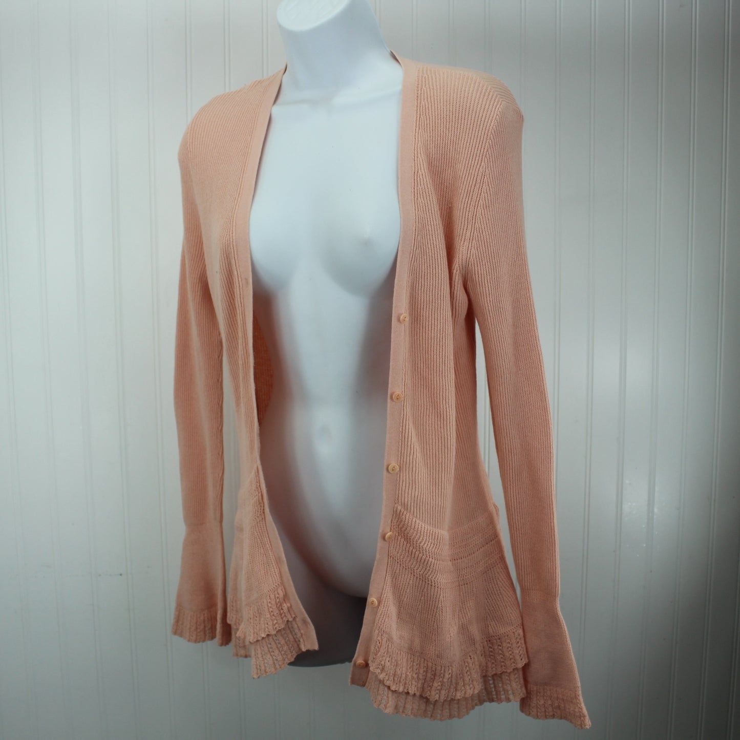 Ralph Lauren Cotton Sweater Unique Ruffle Hem Design Peach unbuttoned over tee
