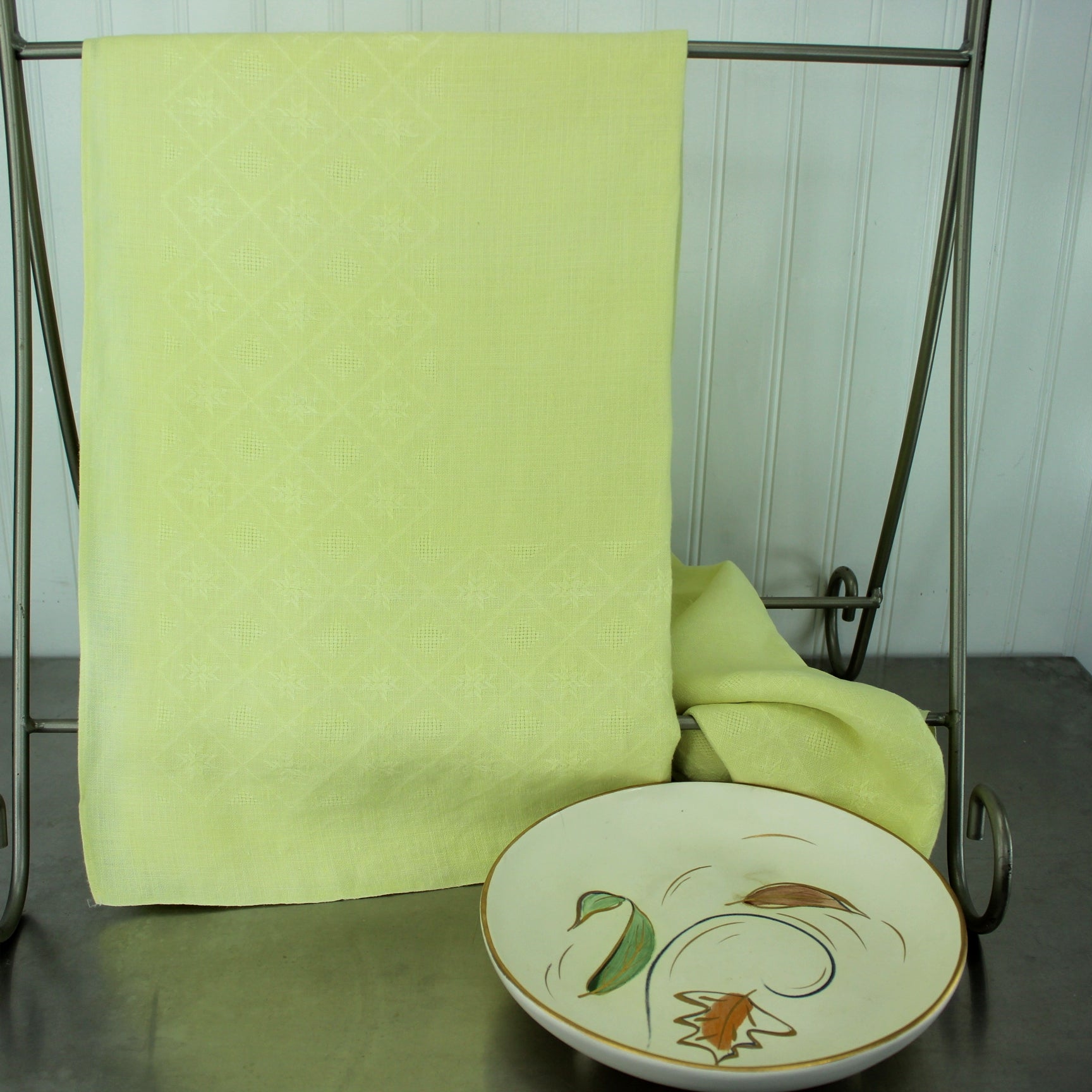 Lemon Yellow Linen Tablecloth Diamond Woven Design Square 50" excellent condition