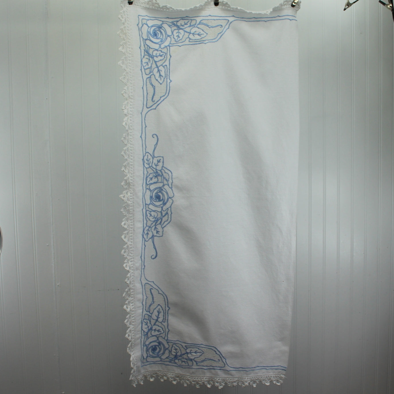 Table Runner Pillow Topper Embossed Fabric Blue Embroidery Heavy Crochet Edging cotton washable