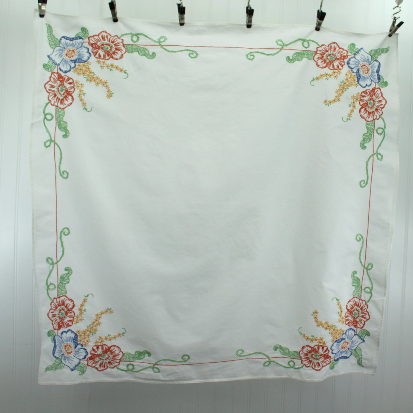 Small Square Table Cloth Embroidered Vibrant Awesome Hand Work Mid Century" Vintage orange blue gold