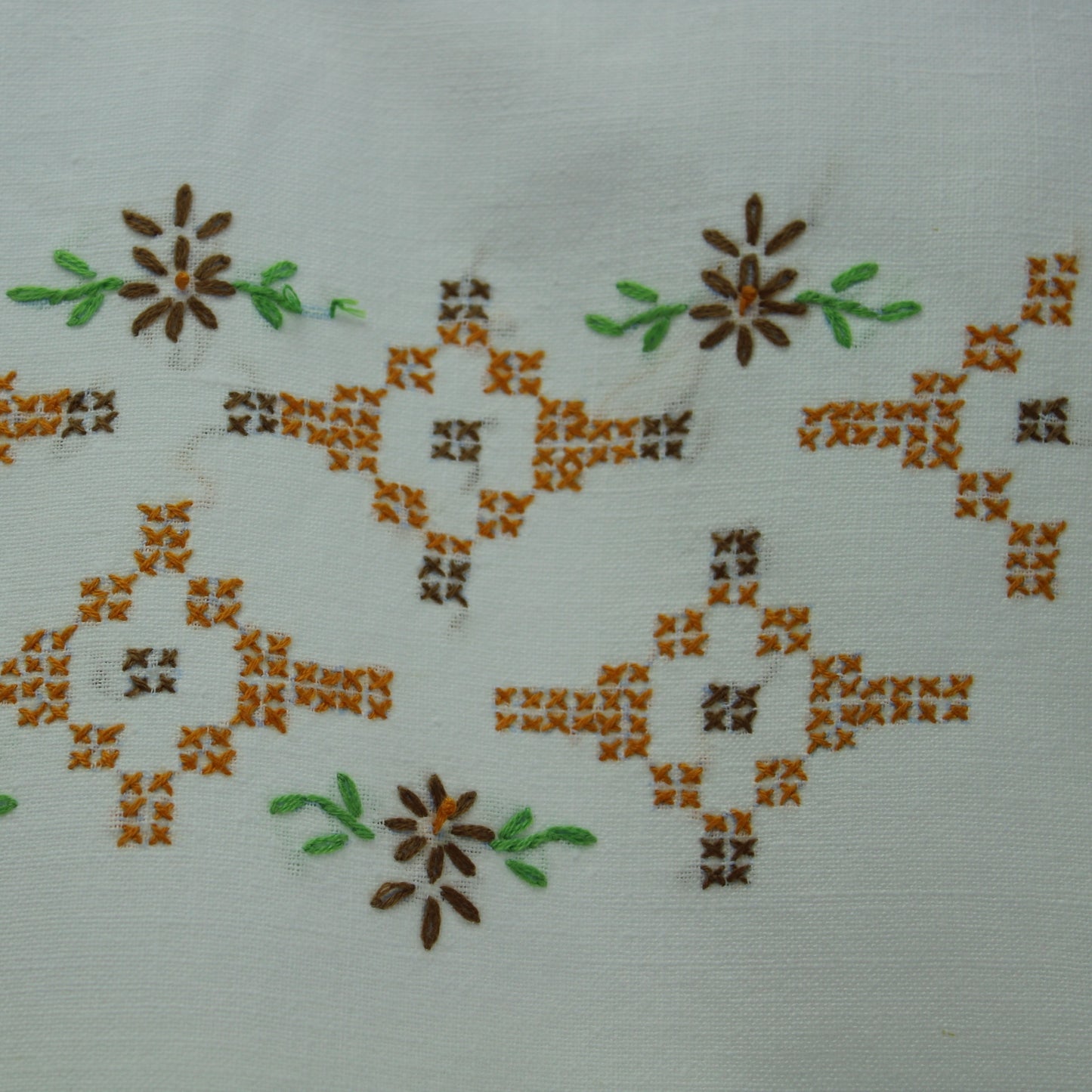 White Linen Table Runner Embroidered Flowers Cross Stitch Geometric Gold Brown Green