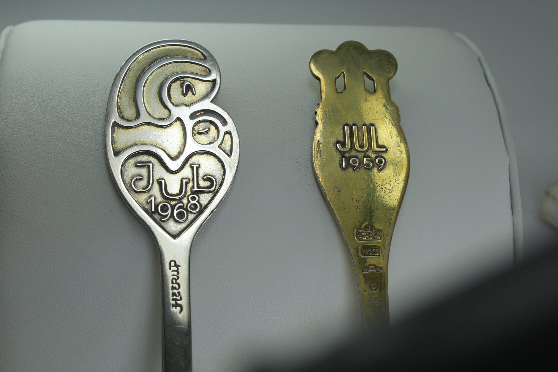 Sterling Spoons 2 Michelsen Denmark Enamel Madonna Child 1968  Lucia Bride 1959 pair