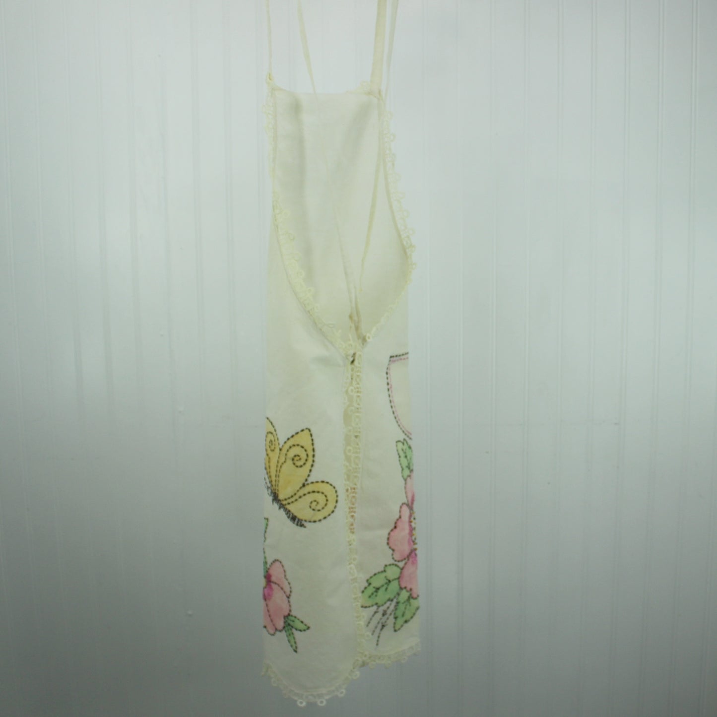 Kitchen Bib Apron 1940s Embroidered Painted Flowers Butterfly back of apron