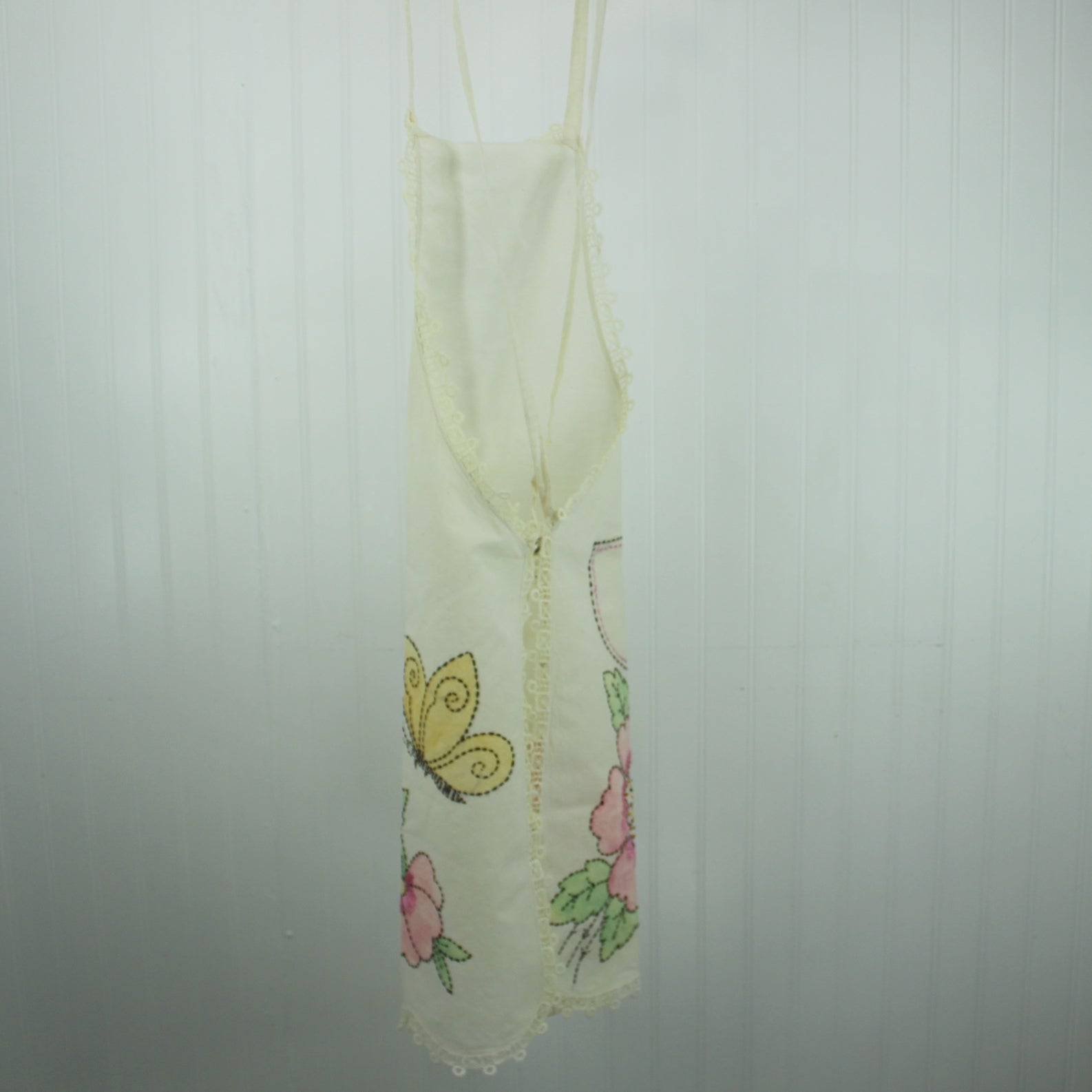 Kitchen Bib Apron 1940s Embroidered Painted Flowers Butterfly back of apron