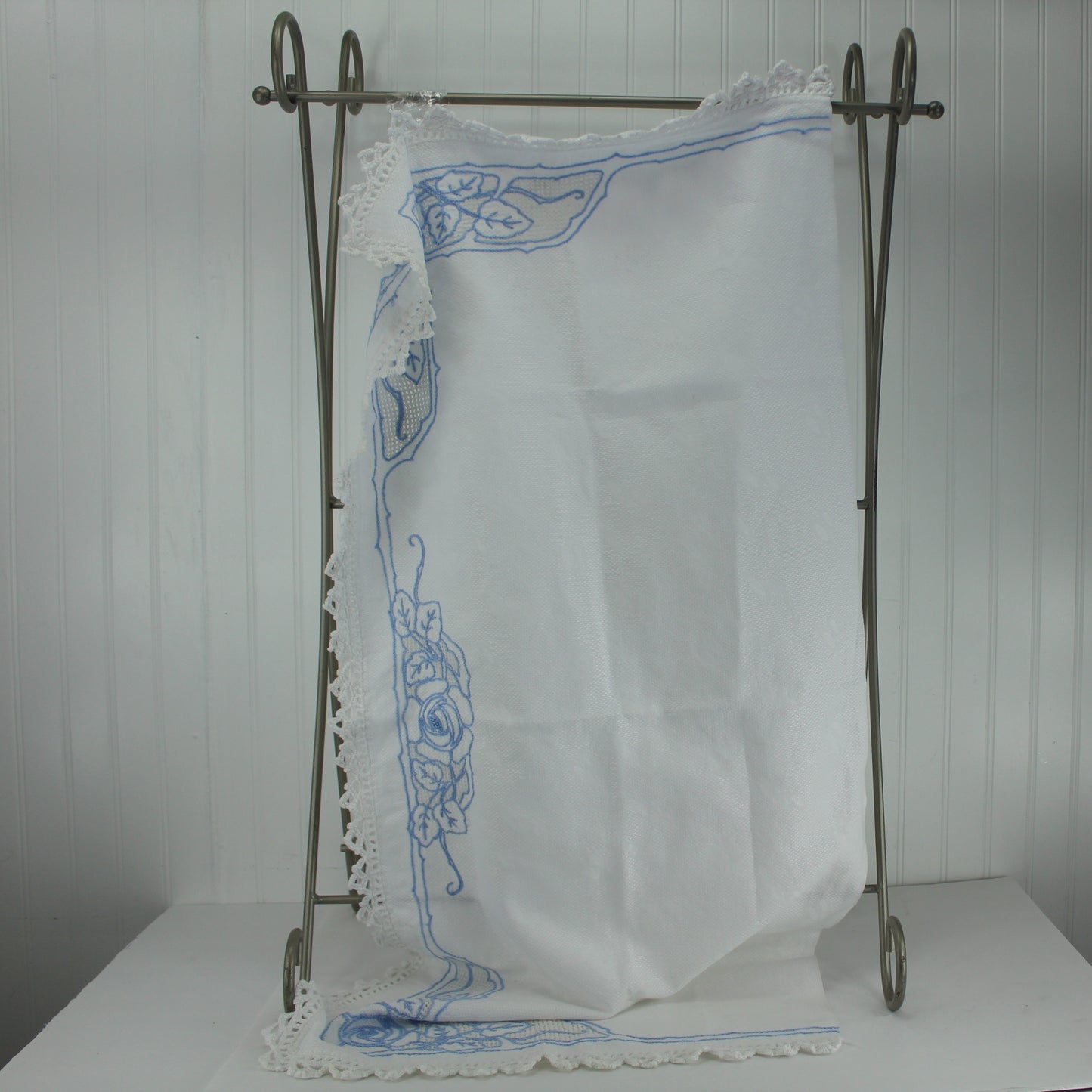 Table Runner Pillow Topper Embossed Fabric Blue Embroidery Heavy Crochet Edging