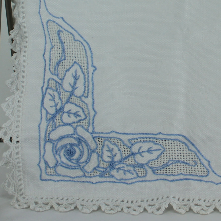 Table Runner Pillow Topper Embossed Fabric Blue Embroidery Heavy Crochet Edging open work