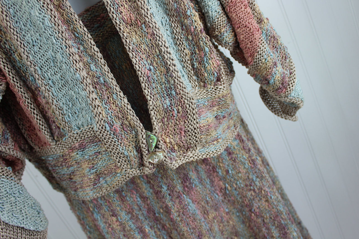 Haute Couture Knit Pastel Ribbon Metallic Yarn Vintage Suit - Jutta Mitchell North Bend Oregon lovely colors