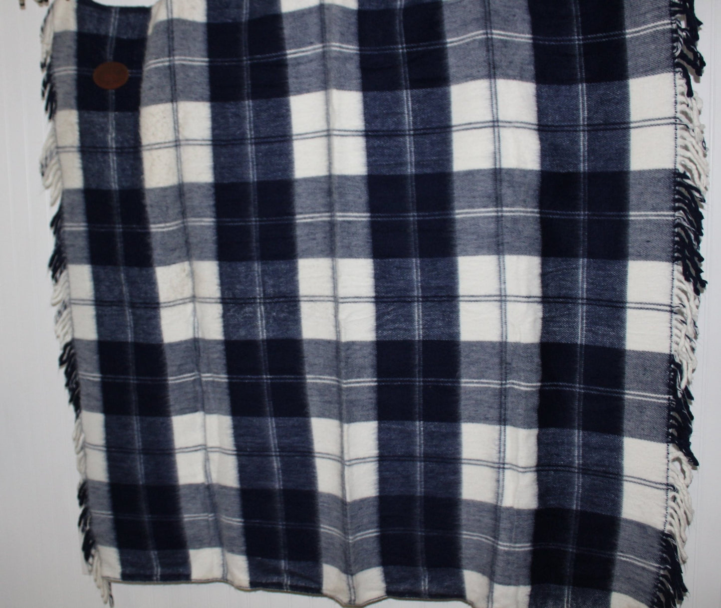 Thomas Swain Acrylic Throw Blanket - Navy White Plaid w/Leather Harness - 50" X 51" USA used