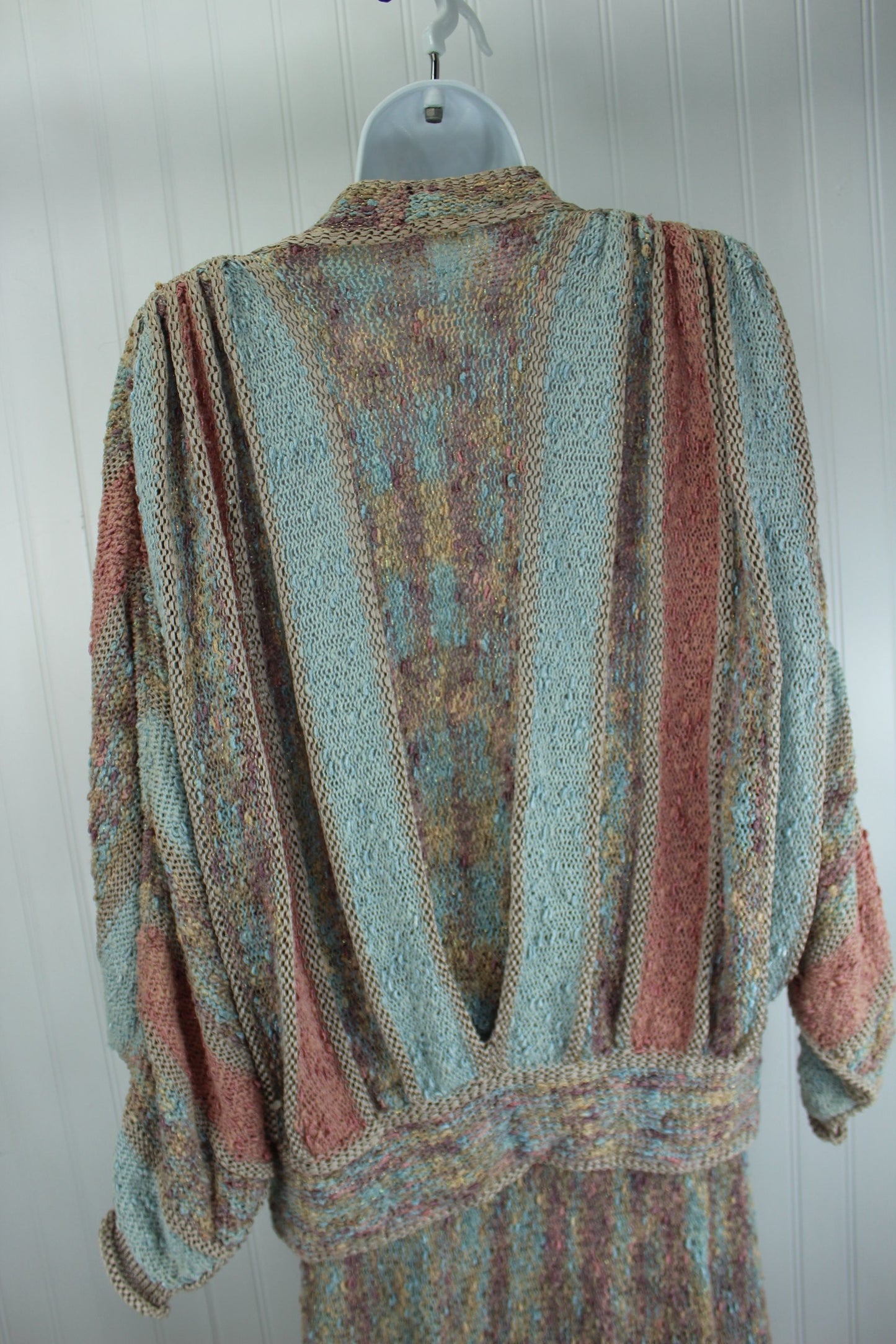 Haute Couture Knit Pastel Ribbon Metallic Yarn Vintage Suit - Jutta Mitchell North Bend Oregon gathered shoulders