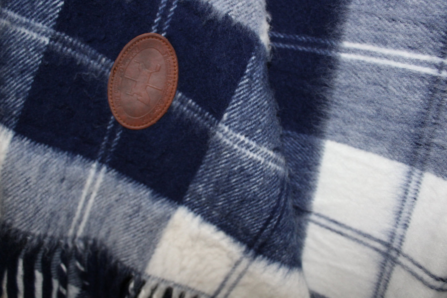 Thomas Swain Acrylic Throw Blanket - Navy White Plaid w/Leather Harness - 50" X 51" USA