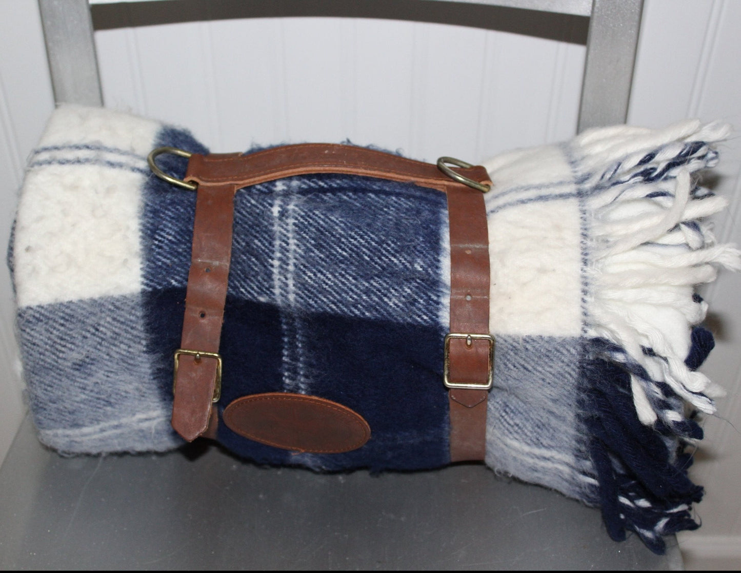 Thomas Swain Acrylic Throw Blanket - Navy White Plaid w/Leather Harness - 50" X 51" USA Littleton Colorado
