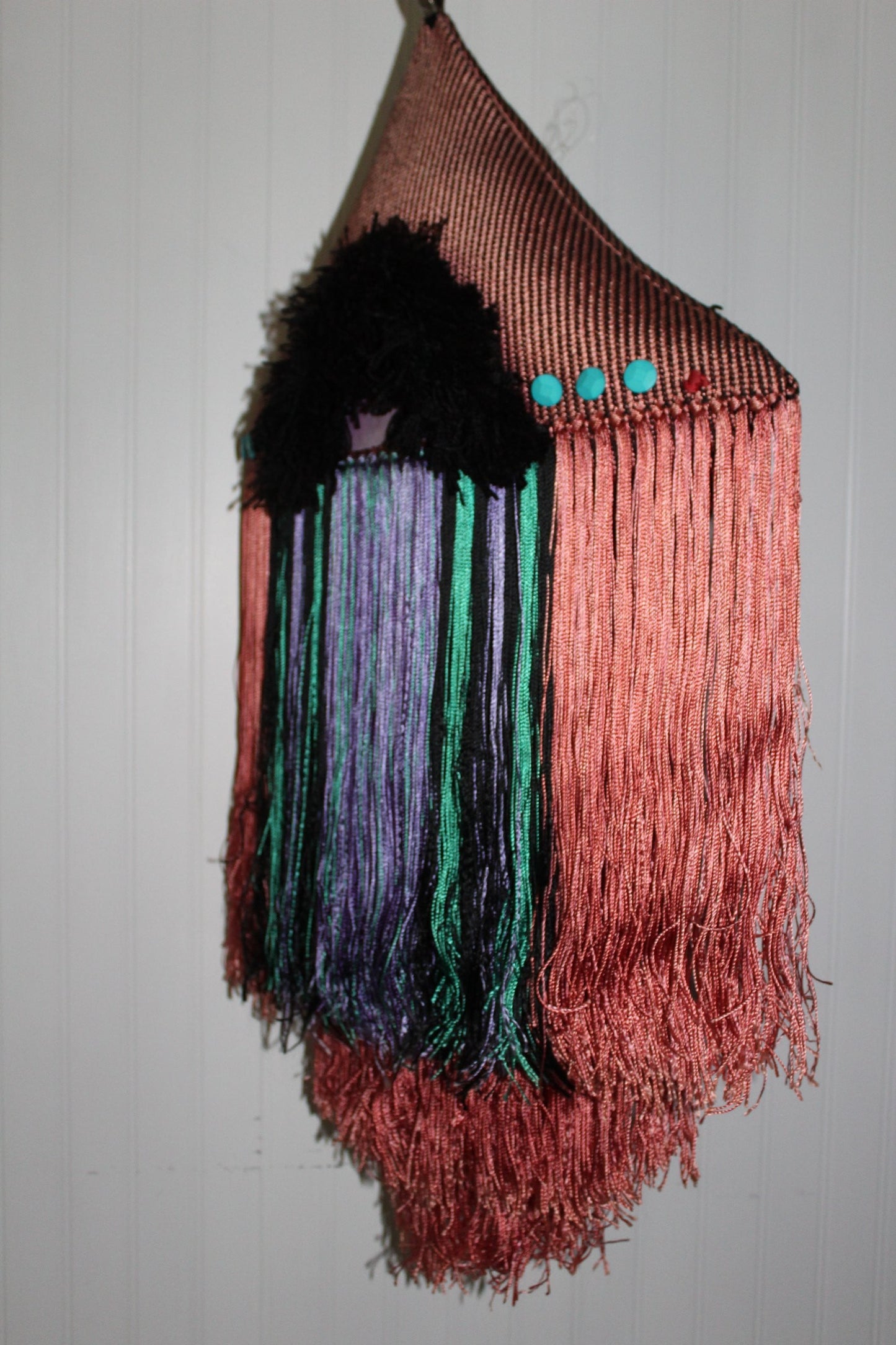 Art Pillow Wall Decor Unusual OOAK Woven Bright Long Fringe Bohemian Chic collectible