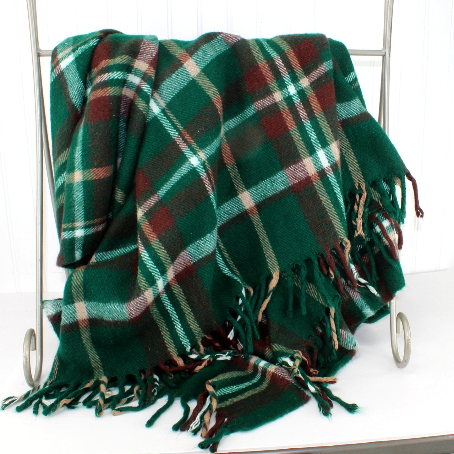 Faribo Acrylic Throw Brown Green White Plaid 53" X 54" + Fringe Unusually Nice