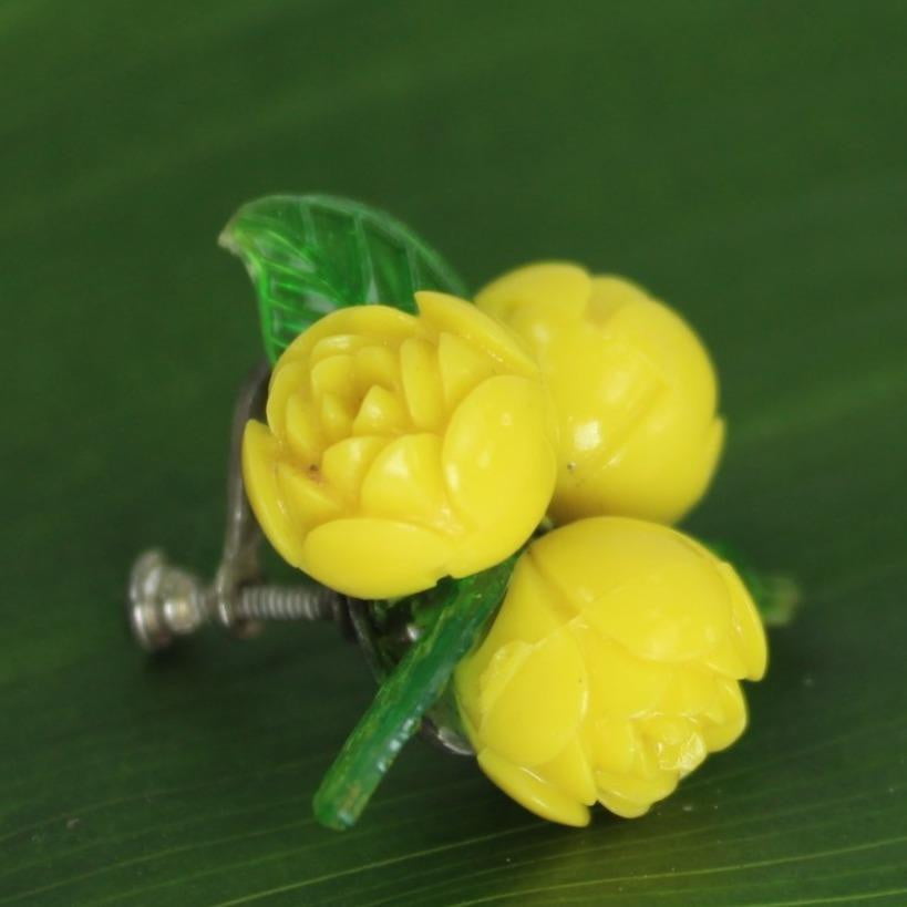 Mold Plastic Earrings Sterling Screw Yellow Roses Japan Vintage 925