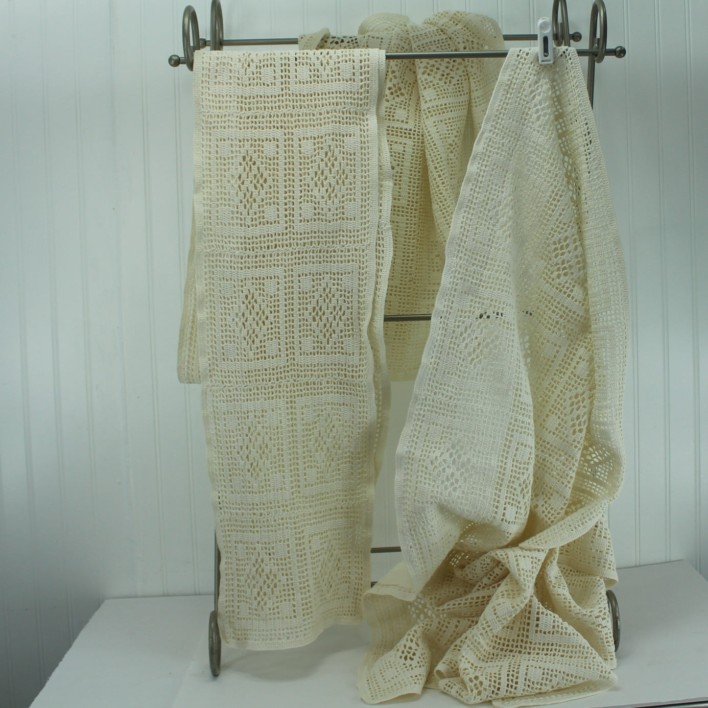 Crochet Window Curtain 2 Panels & Valance Heavy Cotton Hand Made well crafted window treatment