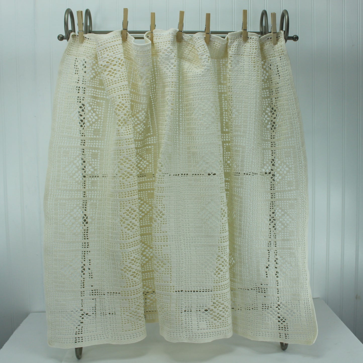 Crochet Window Curtain 2 Panels & Valance Heavy Cotton Hand Made 2 panels photo shows closeup