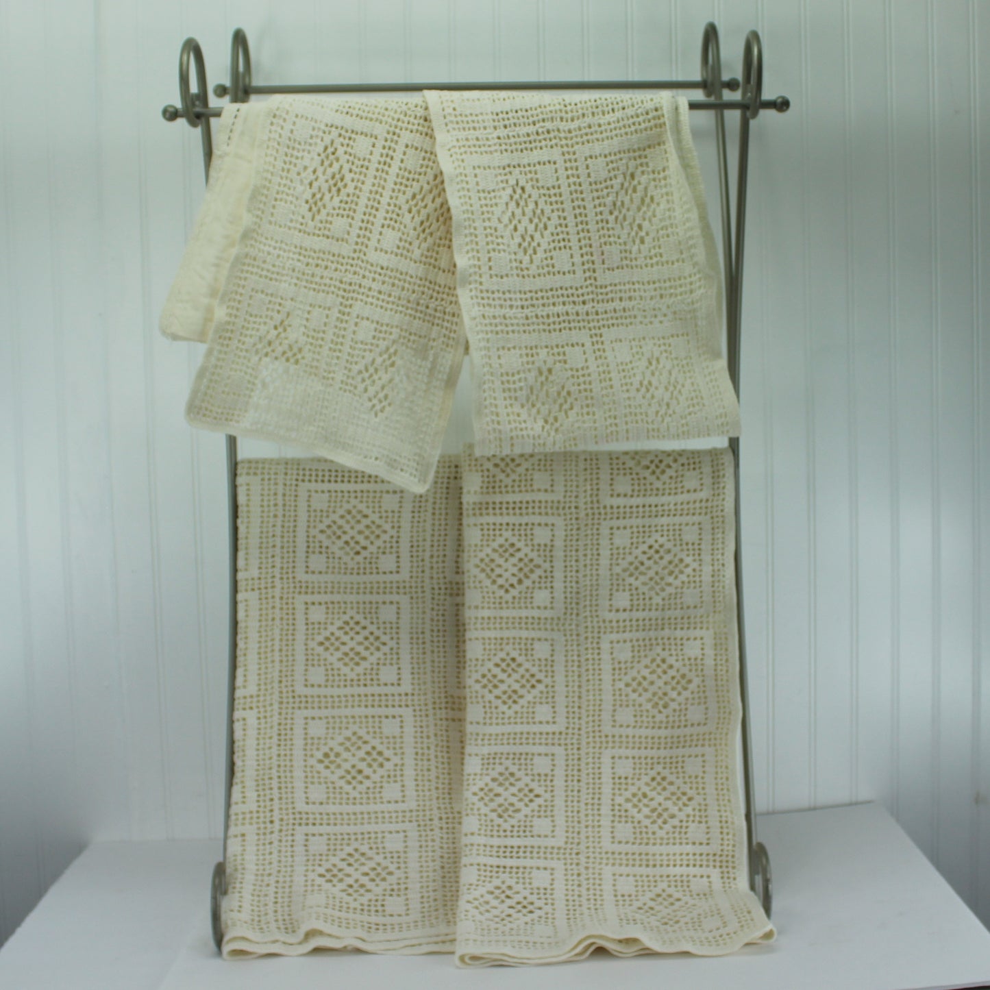 Crochet Window Curtain 2 Panels & Valance Heavy Cotton Hand Made excellent quality