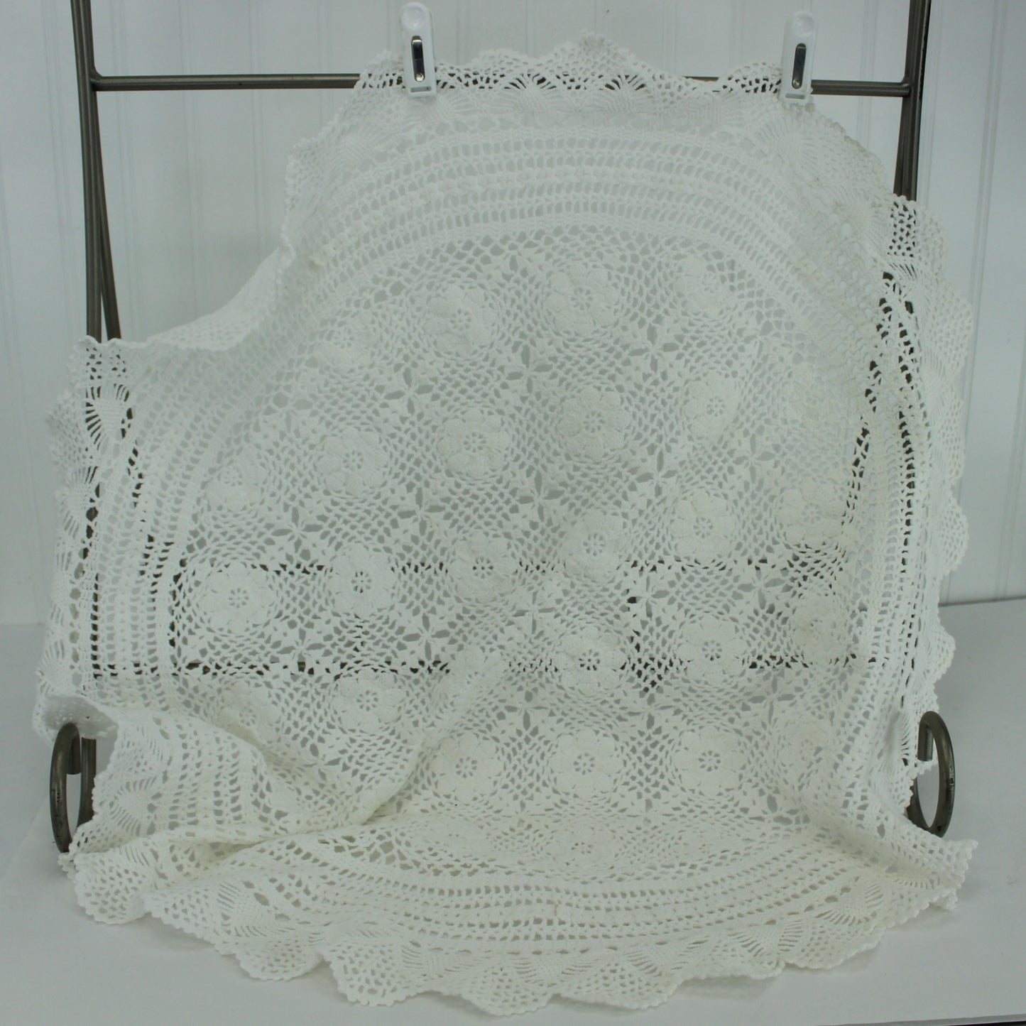 Large Round Crochet Doily Tablecloth White Heavy Cotton 30" Diameter heavy substantial weight