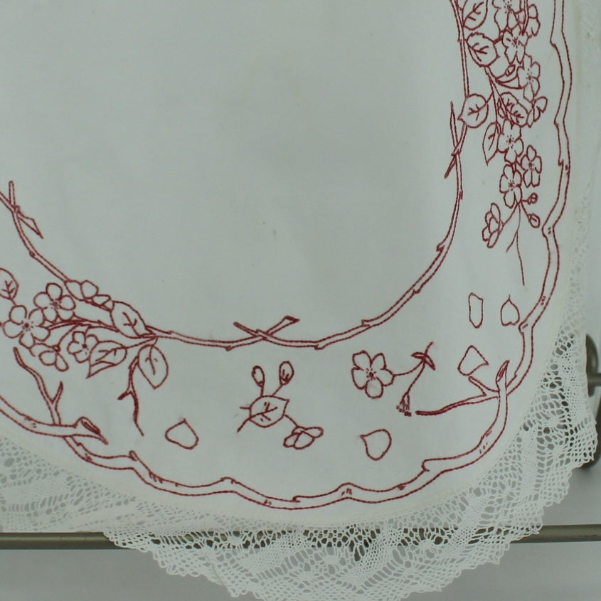 Large Round Embroidered Doily White Linen Rose Floral 20" Fine 1 1/2" Lace