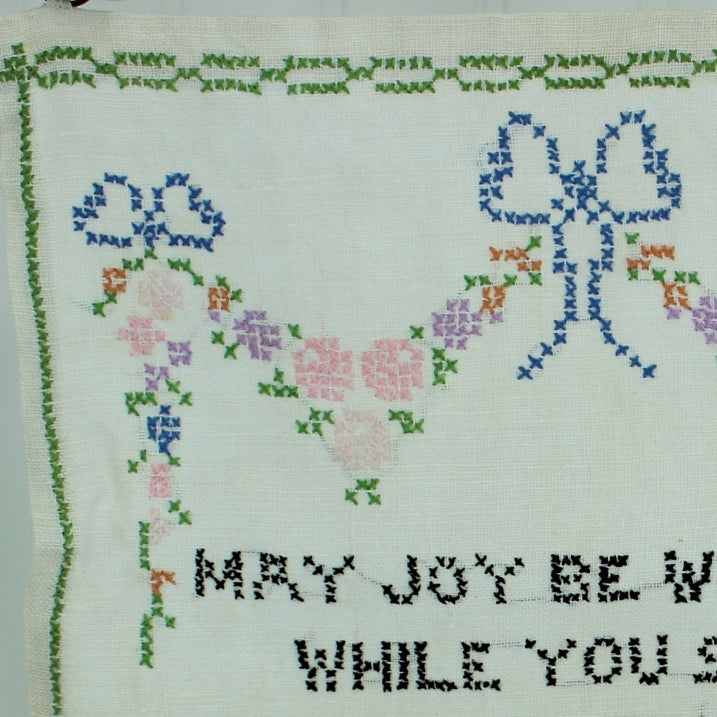 Embroidered Sampler "Joy Be With You" Cross Stitch Figures Flowers Rings to Hang ribbons edging