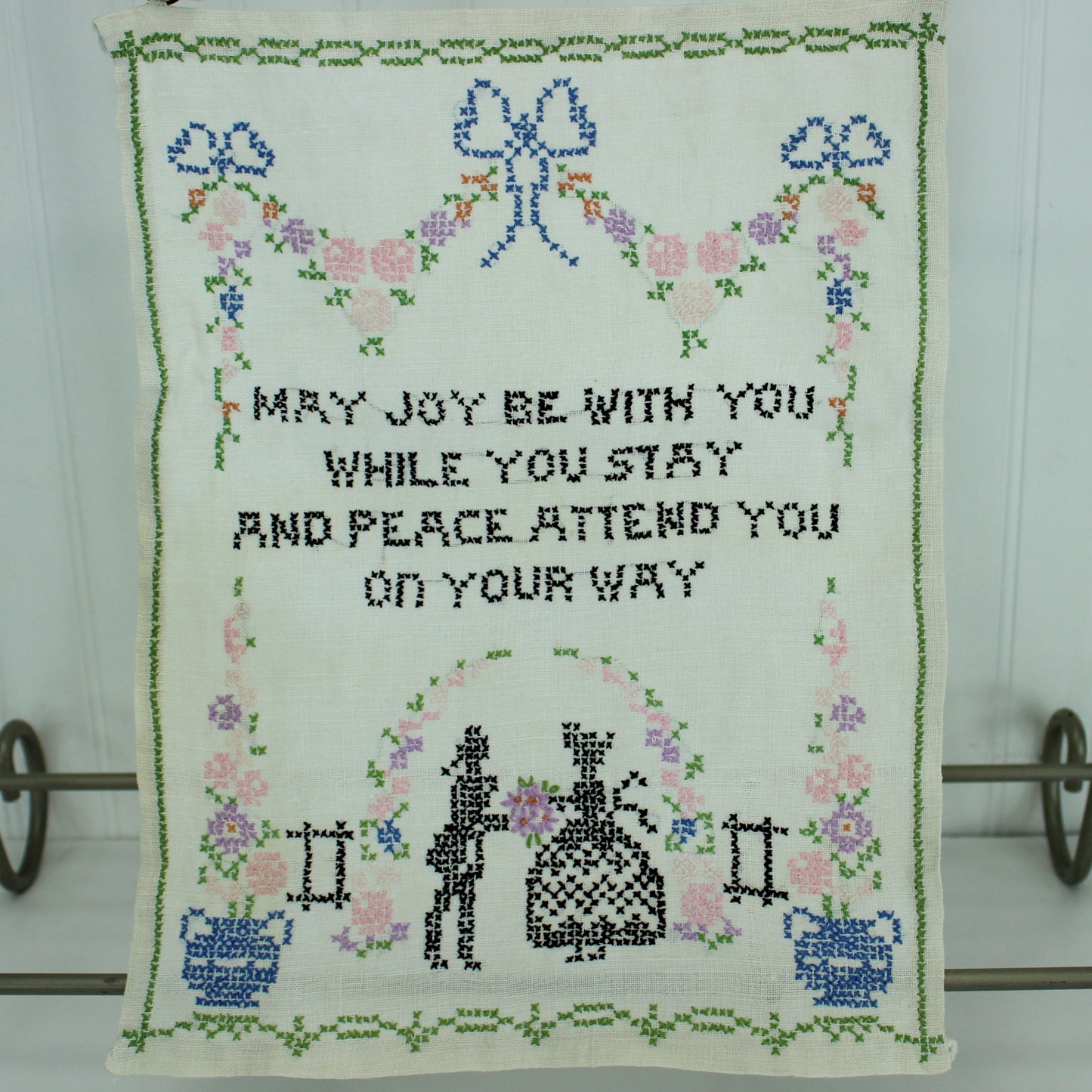 Embroidered Sampler "Joy Be With You" Cross Stitch Figures Flowers Rings to Hang