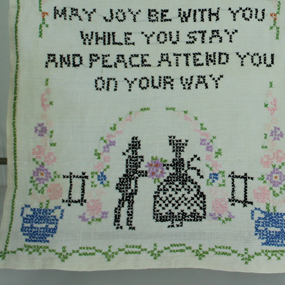 Embroidered Sampler "Joy Be With You" Cross Stitch Figures Flowers Rings to Hang MCM vintage