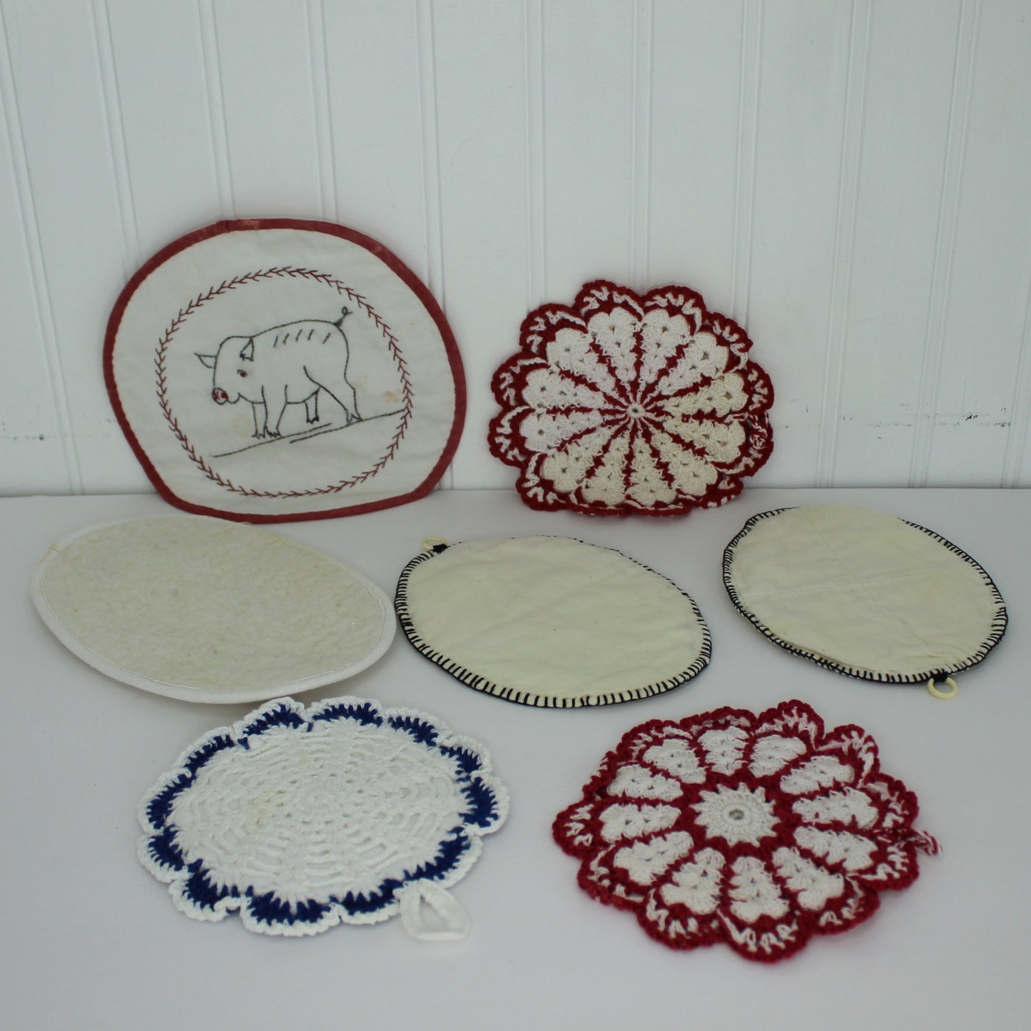 Collection 7 Old Hot Pads Crochet Embroidered Pig red blue crochet muslin pad variety