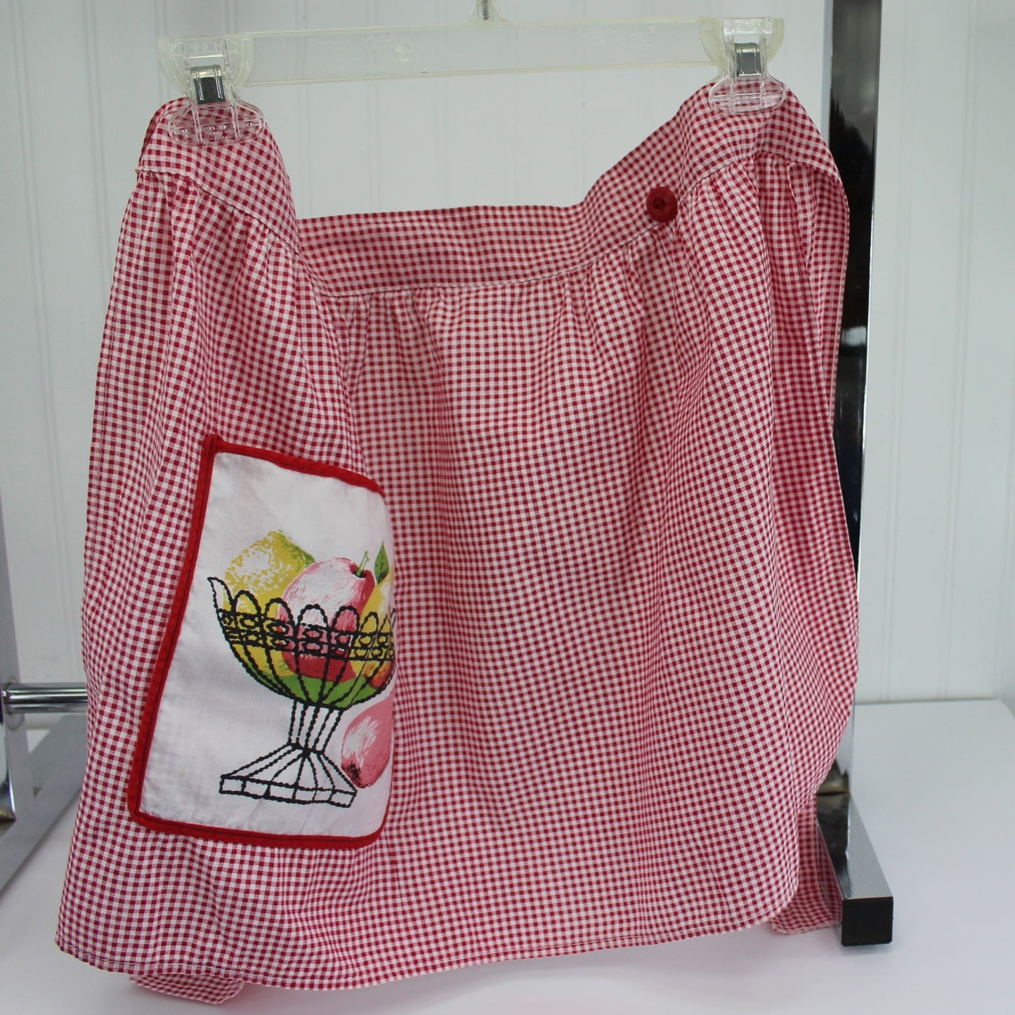 Pair Great 1950s Half Aprons Red Gingham Blue Gingham Pockets Fruit Design fruit basket pocket
